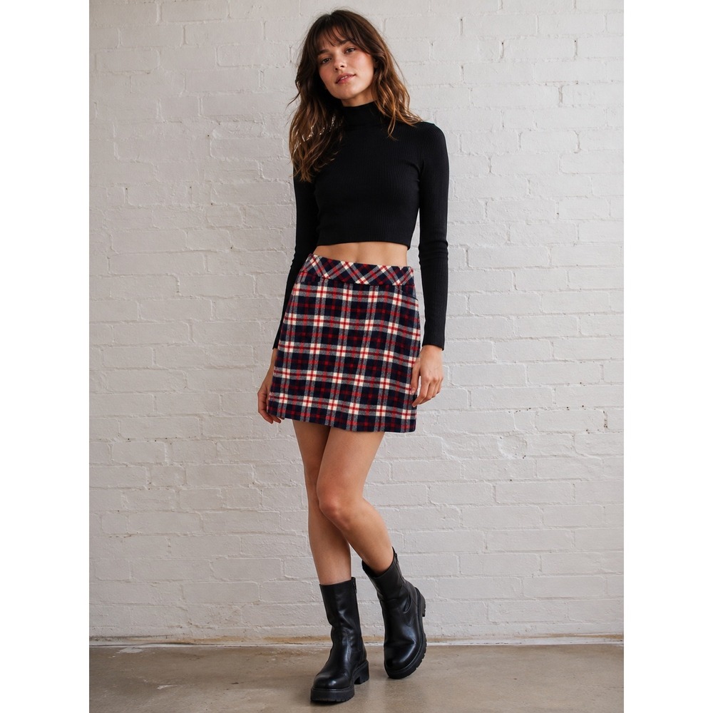Talbots Women's 12 Plaid Wool Blend A-Line Mini Skirt Navy Red Cream Preppy Mod